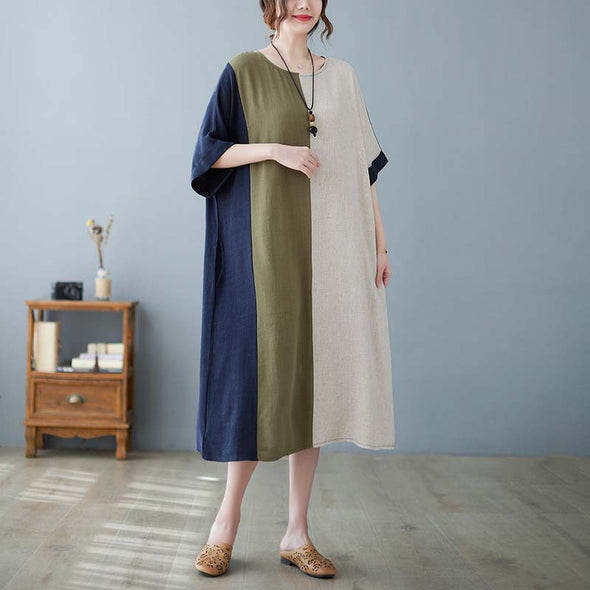 【M~2XL】大人カジュアル　綿麻　肌さわり良い　ロングワンピース