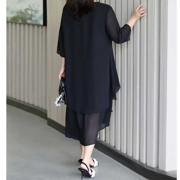 【4XL~8XL】無地シフォンワンピース　7分袖　無地　シフォンワンピース　着瘦せ効果　大きいサイズ　夏ワンピース