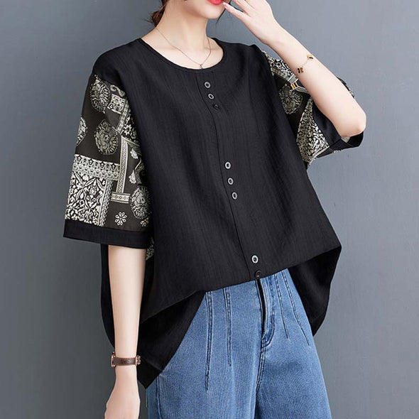綿麻　大人トップス　肌さわり良い　エスニック風　ゆったり　楽ちん　中袖Tシャツ