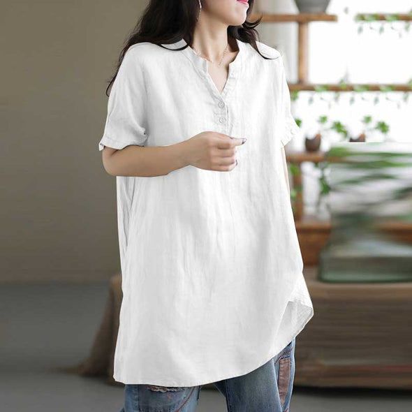 【S～5XL】シンプル無地　スリットネック　ゆるシルエット　おしゃれ　合わせやすい　夏人気シャツ