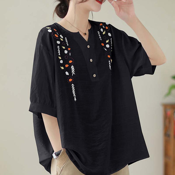 【M~3XL】花柄　スリットネック　刺繍入り　ゆるシルエット　夏ブラウス