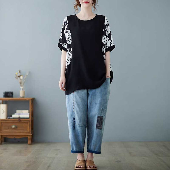 ゆるシルエット　ドルマン風　花柄　夏　楽チン　おしゃれ　ブラウス　Tシャツ