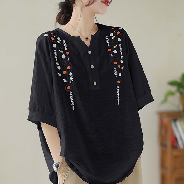 【M~3XL】花柄　スリットネック　刺繍入り　ゆるシルエット　夏ブラウス