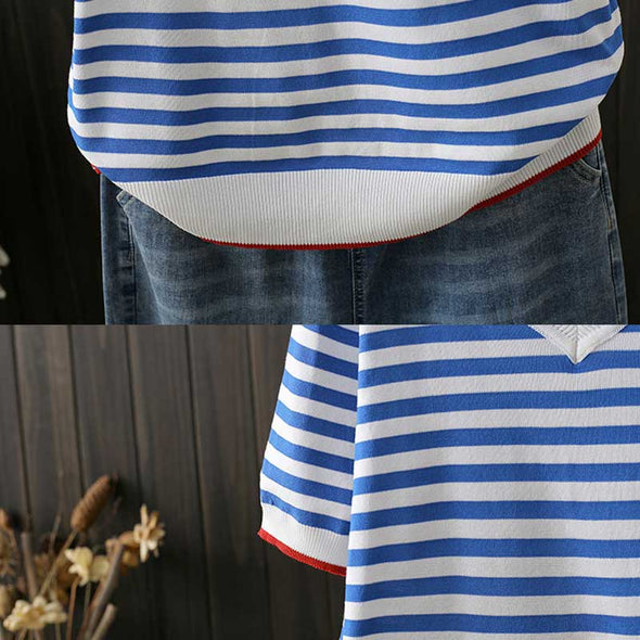 【XL~4XL】ストライプ柄　Vネック　ニットＴシャツ　レトロ　おしゃれTシャツ