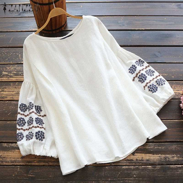 エスニック風　大人コーデ　綿麻　刺繍　ランタンスリーブ　春夏　長袖　おしゃれブラウス　Ｔシャツ