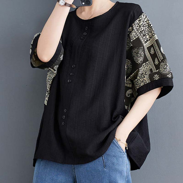 綿麻　大人トップス　肌さわり良い　エスニック風　ゆったり　楽ちん　中袖Tシャツ
