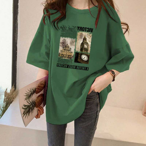 【M~4XL】5色展開　フロントプリント　ゆるシルエット　夏定番半袖Tシャツ