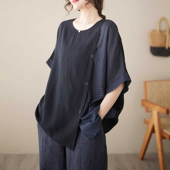 大人ファッション　綿麻生地　ゆるシルエット　ドルマン風　ドット柄　アシメ裾　Ｔシャツ