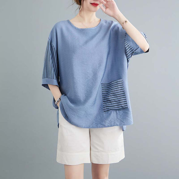 韓国ファッション　アシメ裾　フロントポケット付き　ゆったり　中袖Ｔシャツ