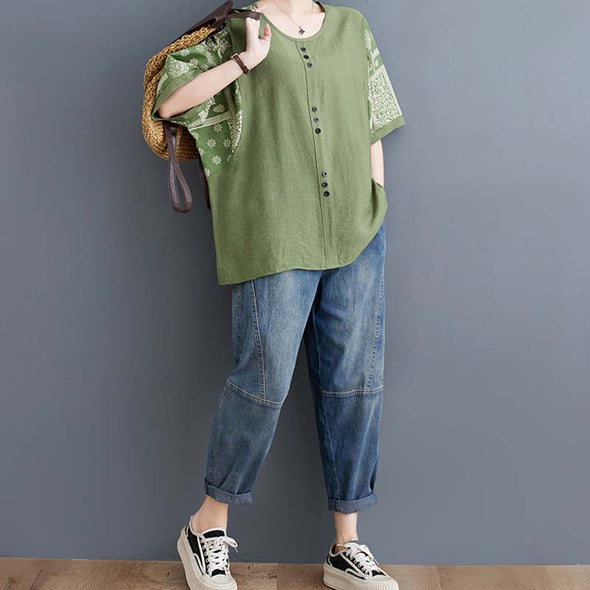 綿麻　大人トップス　肌さわり良い　エスニック風　ゆったり　楽ちん　中袖Tシャツ