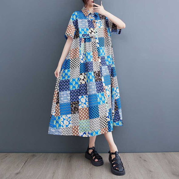 　不規則柄　大人カジュアル　ゆったりサイズ　シャツワンピース　華やか夏ワンピース