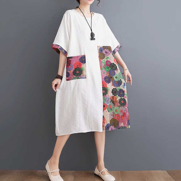 エスニック風　大人ファッション　切り替え花柄　綿麻　ボタニカルロングワンピース