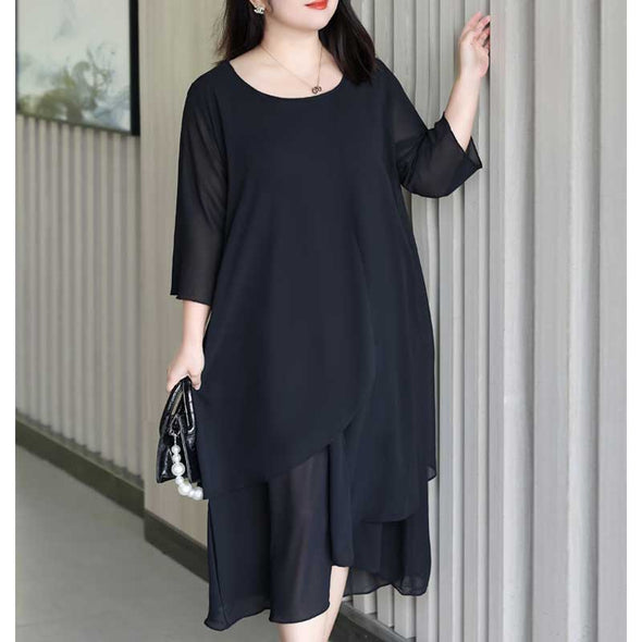 【4XL~8XL】無地シフォンワンピース　7分袖　無地　シフォンワンピース　着瘦せ効果　大きいサイズ　夏ワンピース