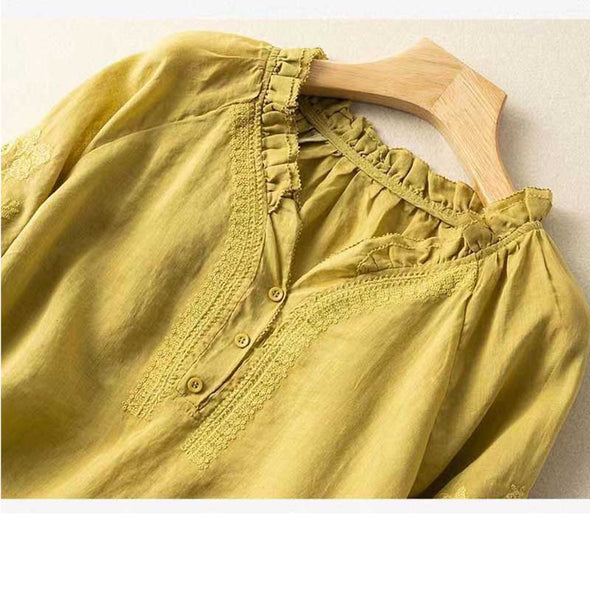 【M～2XL】刺繍　7分袖　シャツブラウス　綿麻　夏ゆったりサイズ
