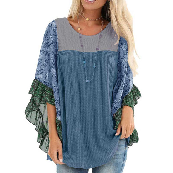 【S~5XL】フェミニン　大人ブラウス　フレア袖　ゆるシルエット　切替配色　花柄 ブラウス