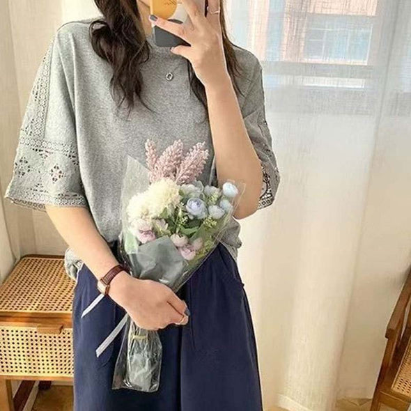 韓国ファッション　レース　ゆったり　中袖　透かし彫り　夏人気Ｔシャツ