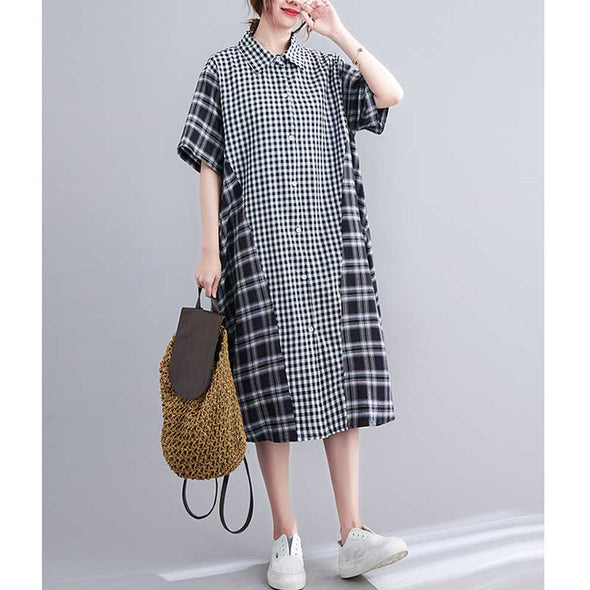 韓国ファッション　チェック柄　ロングシャツワンピース　おしゃれワンピース　　夏ワンピース
