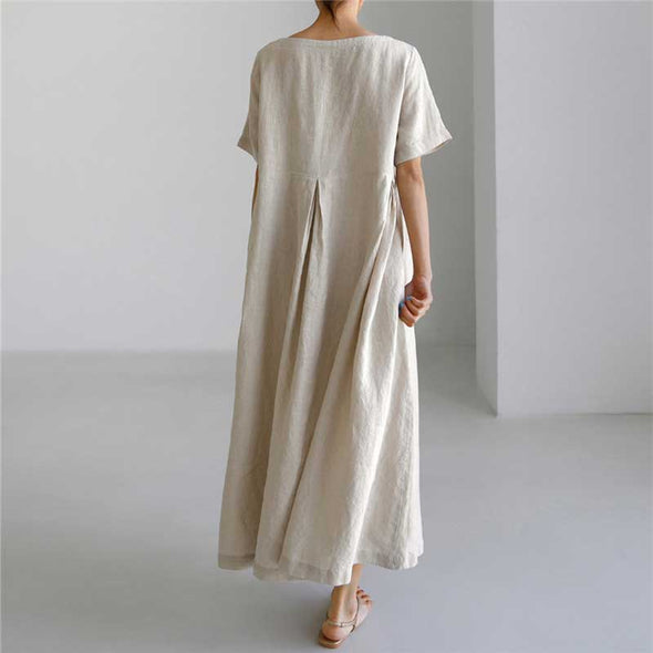 【S~XL】大人ワンピース　綿麻　夏ワンピース　タック入り　ロングワンピース