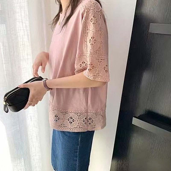 韓国ファッション　レース　ゆったり　中袖　透かし彫り　夏人気Ｔシャツ
