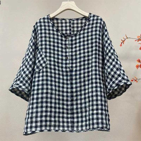 【M~2XL】パフスリーブ　ストライプ柄　チェック柄　綿麻　着痩せ　夏トップス