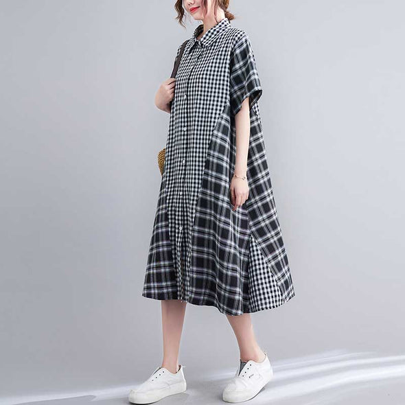 韓国ファッション　チェック柄　ロングシャツワンピース　おしゃれワンピース　　夏ワンピース