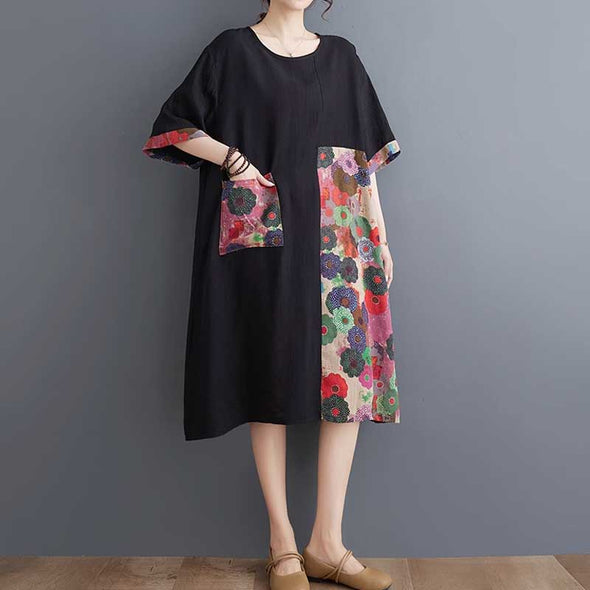 エスニック風　大人ファッション　切り替え花柄　綿麻　ボタニカルロングワンピース