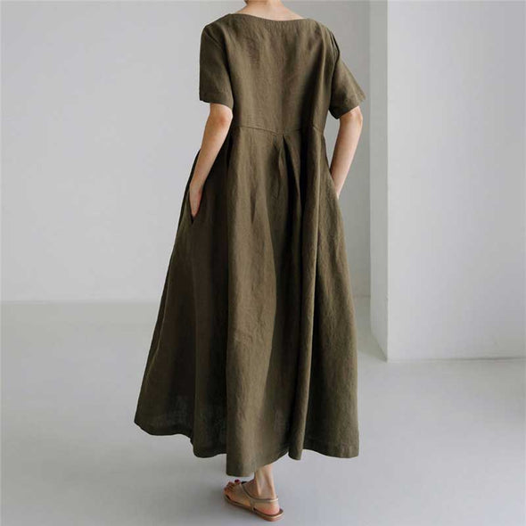 【S~XL】大人ワンピース　綿麻　夏ワンピース　タック入り　ロングワンピース