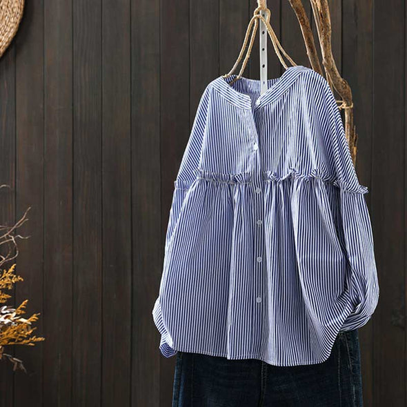 【M~2XL】大人カジュアル　ストライプ柄　ゆるシルエット　長袖　夏おしゃれシャツ