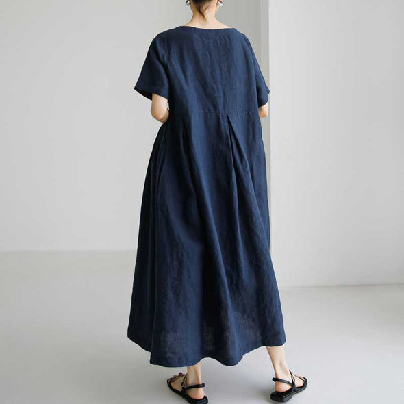 【S~XL】大人ワンピース　綿麻　夏ワンピース　タック入り　ロングワンピース