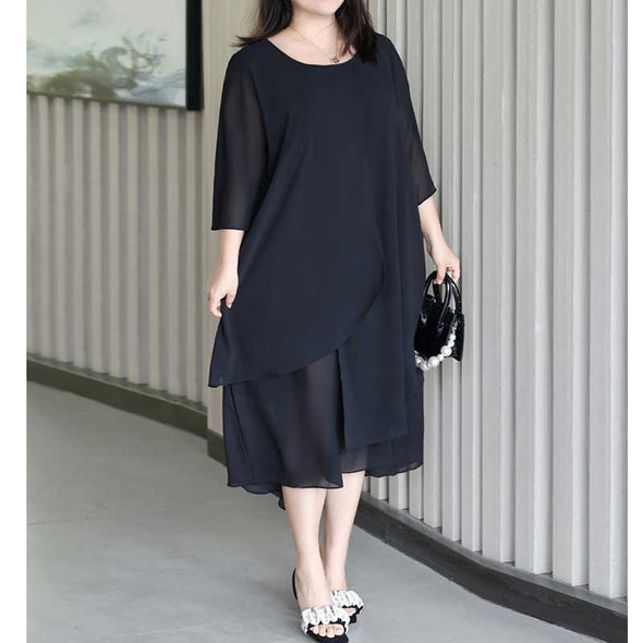 【4XL~8XL】無地シフォンワンピース　7分袖　無地　シフォンワンピース　着瘦せ効果　大きいサイズ　夏ワンピース