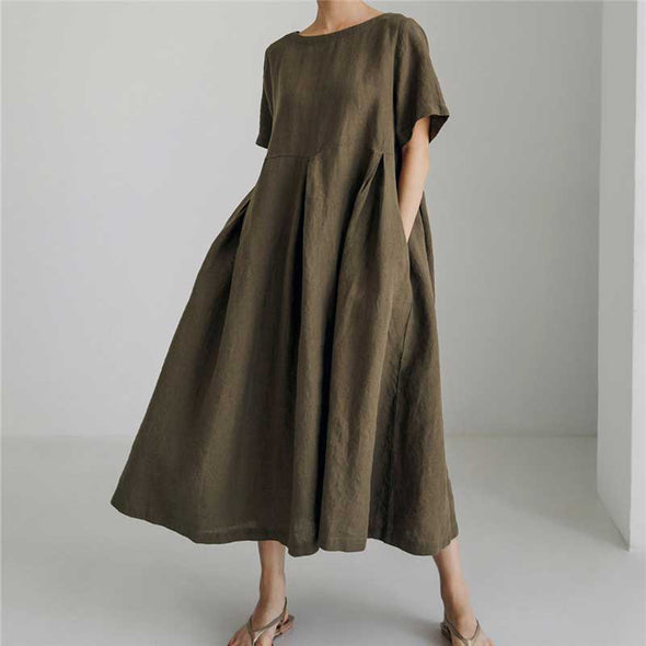 【S~XL】大人ワンピース　綿麻　夏ワンピース　タック入り　ロングワンピース