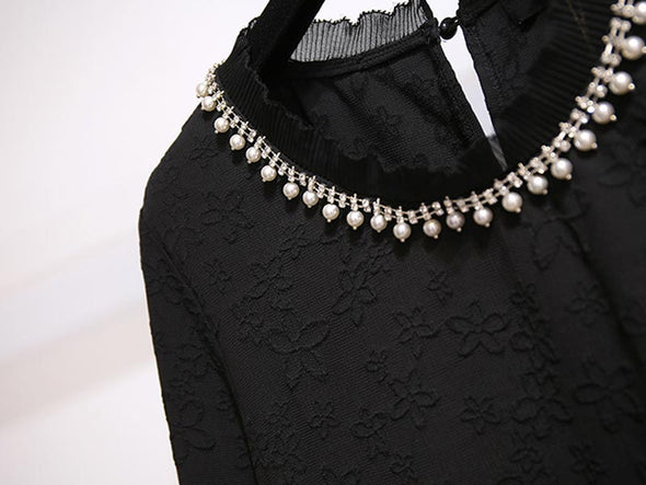 【2XL～6XL】上品　デートワンピース　大人ファッション　花柄刺繍入り　ネックビーズデザイン　着瘦せ　ロングワンピース