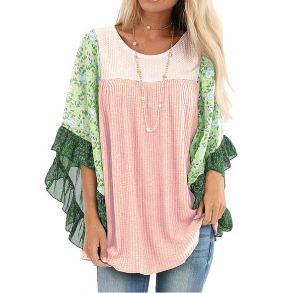 【S~5XL】フェミニン　大人ブラウス　フレア袖　ゆるシルエット　切替配色　花柄 ブラウス