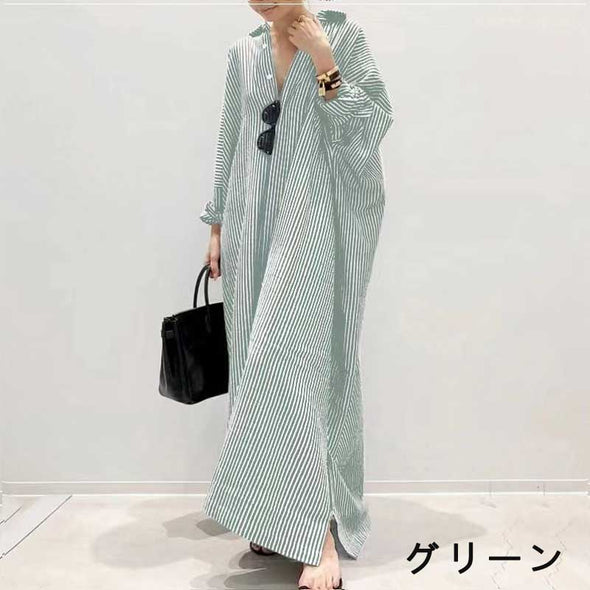 大人カジュアル　ストライプ　体型カバー　ロングマキシシャツワンピース
