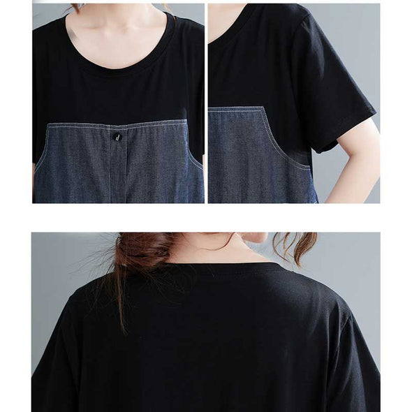 【L~XL】韓国ファッション　切り替えデニムワンピース　ロング丈　ポケット付き　夏ワンピース