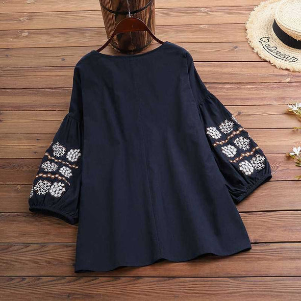 エスニック風　大人コーデ　綿麻　刺繍　ランタンスリーブ　春夏　長袖　おしゃれブラウス　Ｔシャツ