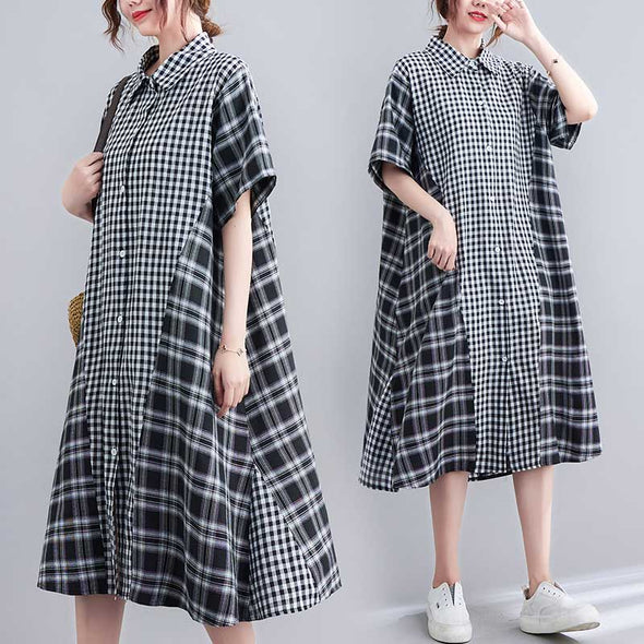 韓国ファッション　チェック柄　ロングシャツワンピース　おしゃれワンピース　　夏ワンピース