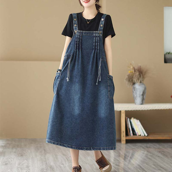 【M~2XL】韓国ファッション　タック入り　デニムサロペットワンピース　ジャンパースカート