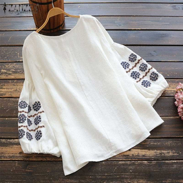 エスニック風　大人コーデ　綿麻　刺繍　ランタンスリーブ　春夏　長袖　おしゃれブラウス　Ｔシャツ