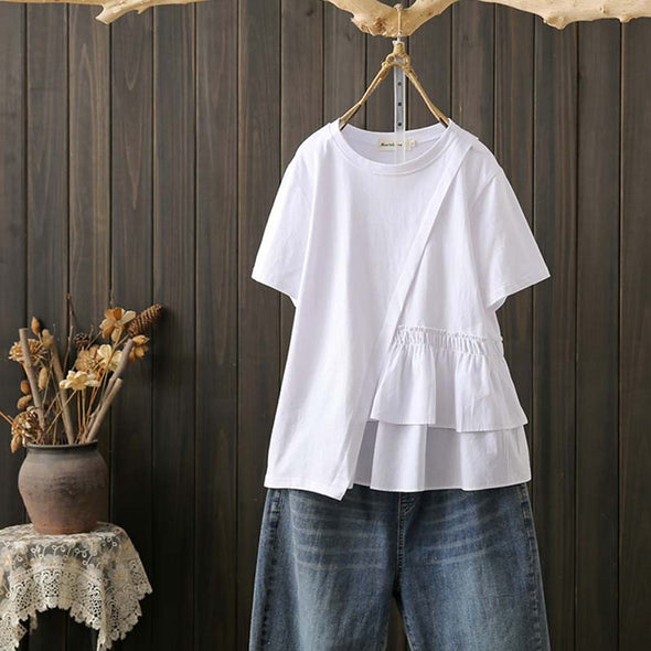 【XL~4XL】無地　切替　不規則デザイン　フレア裾　夏人気Tシャツ