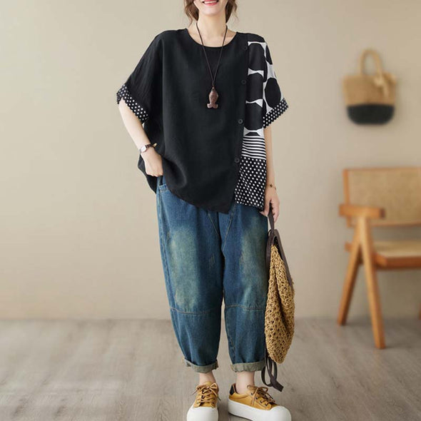 ゆるシルエット　ドット柄　夏トップス　楽ちん　大人ブラウス　人気トップス