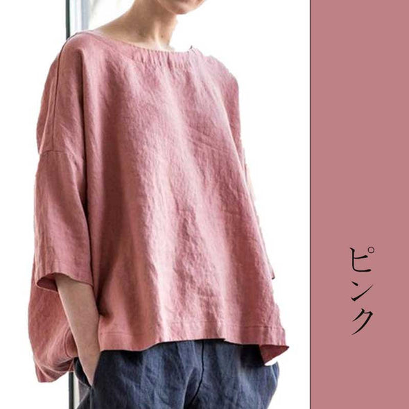大人Tシャツ　レディースTシャツ　7分袖　綿麻　大きいサイズトップス　無地　ゆったり　春夏秋