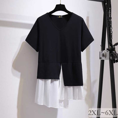 【2XL～6XL】レイヤード　半袖　夏トップス　チュニック　ゆったりサイズ　着痩せ効果　半袖Tシャツ
