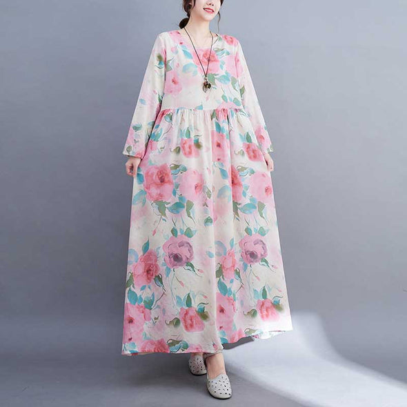 エスニック風　森ガール　花柄　おしゃれ　ロング　秋　大人長袖　マキシワンピース