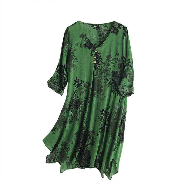 エスニック風　【M~5XL】vネック　ロング丈　アシメ裾　大人ブラウス　楽ちん