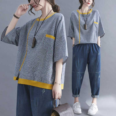 おしゃれ夏トップス　ストライプ柄　中袖　ゆったりサイズ　夏半袖Ｔシャツ
