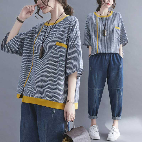 おしゃれ夏トップス　ストライプ柄　中袖　ゆったりサイズ　夏半袖Ｔシャツ