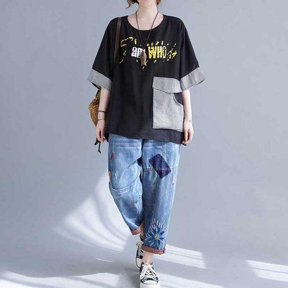 韓国ファッション　多色展開　フロントポケット付き　プリント　おしゃれTシャツ