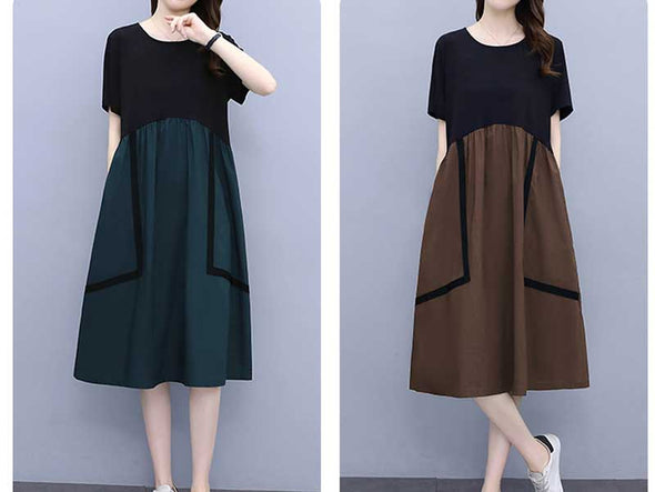 【M~4XL】切替　Aライン　おしゃれワンピース　半袖　夏ワンピース