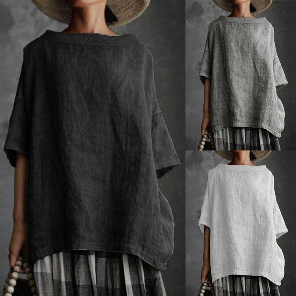 レトロ風Tシャツ　綿麻生地　中袖　無地　シンプルおしゃれTシャツ　５L